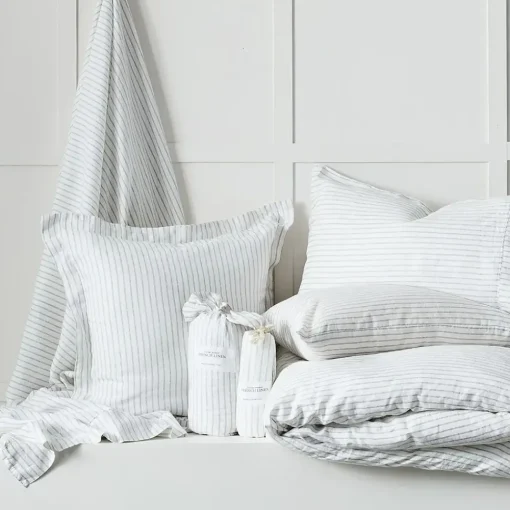 Provincial Home Living Sheets + Pillowcases>Antwerp Linen Flat Sheet - White & Charcoal